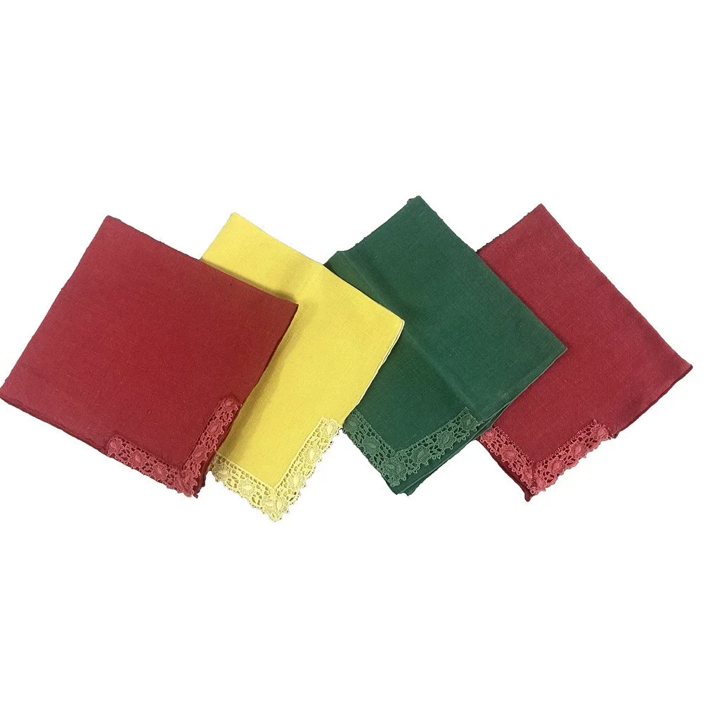 Vintage 4pc Linen Square Napkins Handkerchief Set Red Green Yellow Lace 14.5